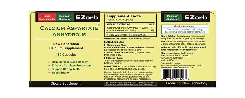 Ezorb Calcium Capsules for Bone Joint and Muscle Health - 180 Count